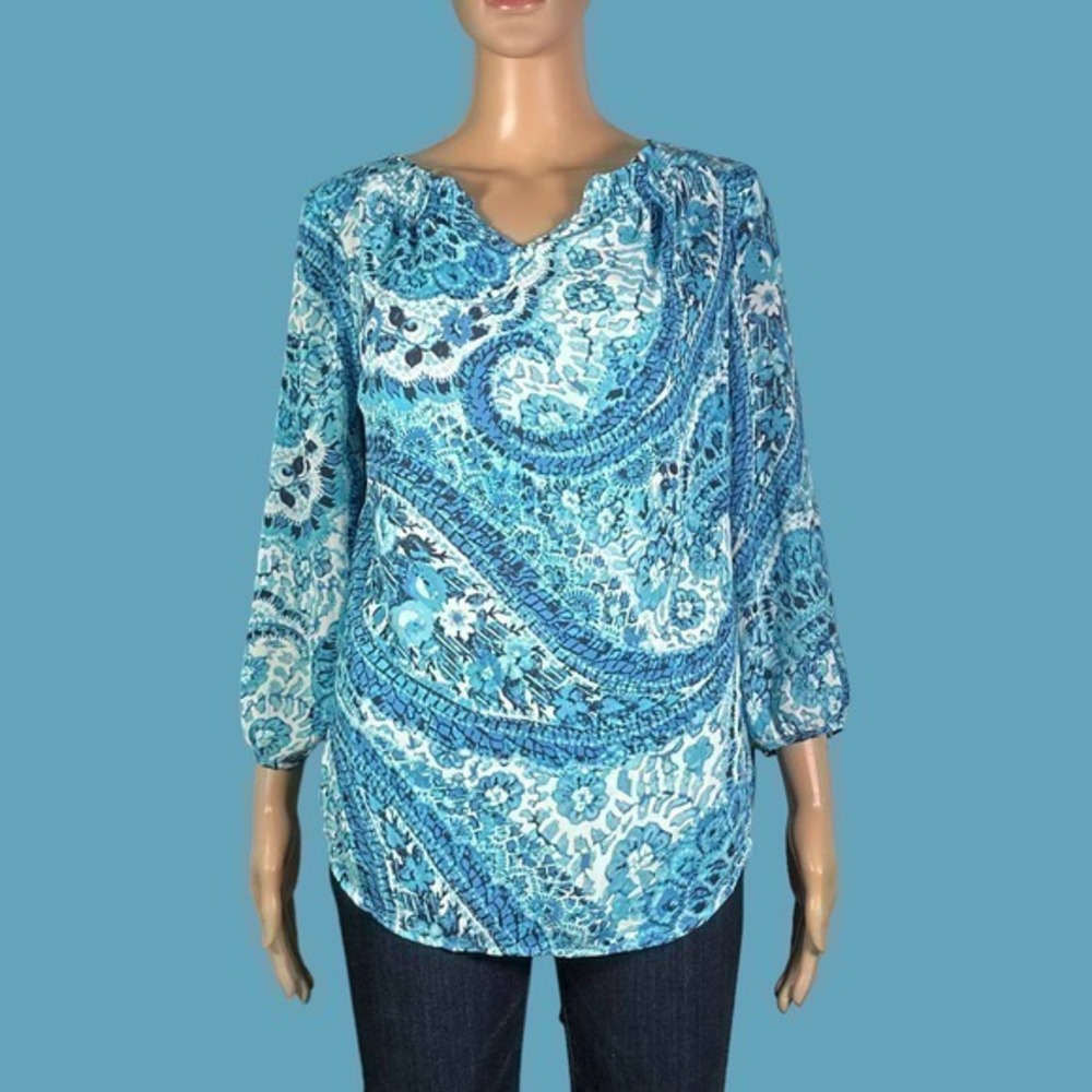 Talbots Blue Artsy Floral Ruffle Neckline Top Size Small - "Nola"
